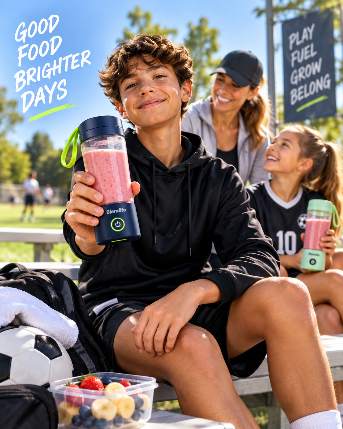 Kids and families enjoying portable smoothies